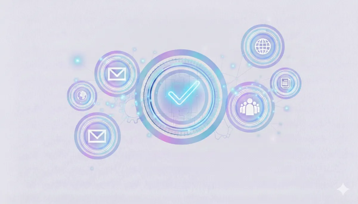 Illustration of connected marketing channels around a checkmark