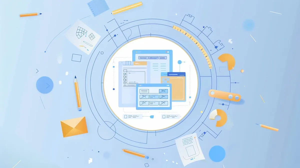 Illustration of a website design concept with wireframes